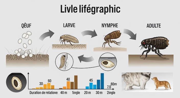 Le cycle de vie des puces à Plan de Cuques Schéma du cycle de vie des puces oeufs, larves, nymphes, adultes.