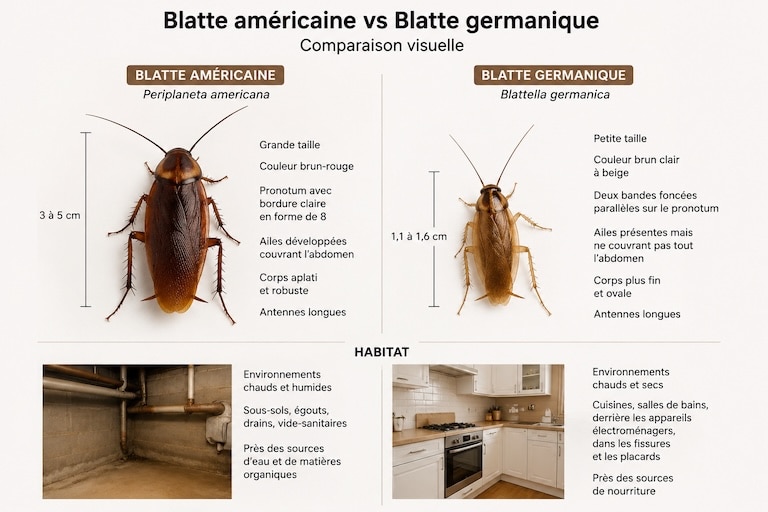 Comparaison entre la blatte américaine et la blatte germanique Comparaison visuel entre la blatte germanique et la blatte américaine