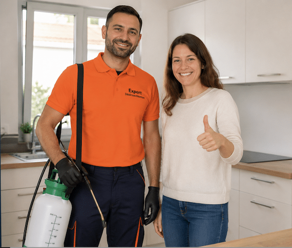Desinsectisateur professionnel et cliente satisfaite Un traitement contre les punaises de lit efficace c'est un client satisfait.