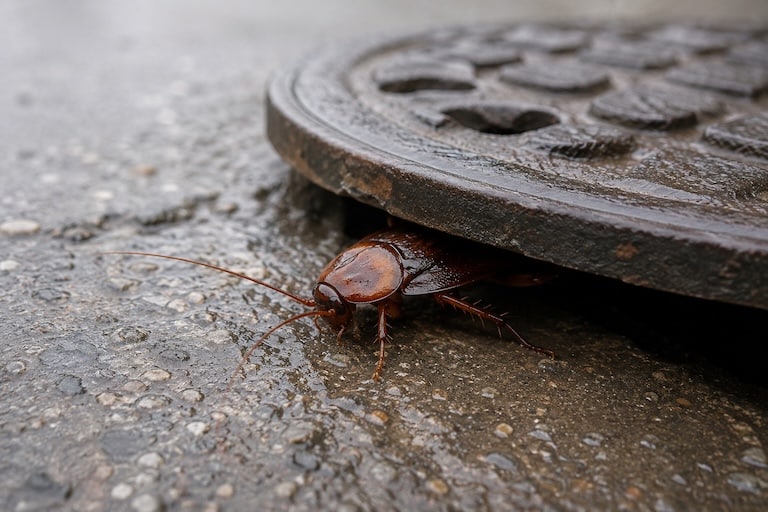 blatte américaine sortant d'une plaque d'égout image montrant une blatte américaine qui sort des égouts
